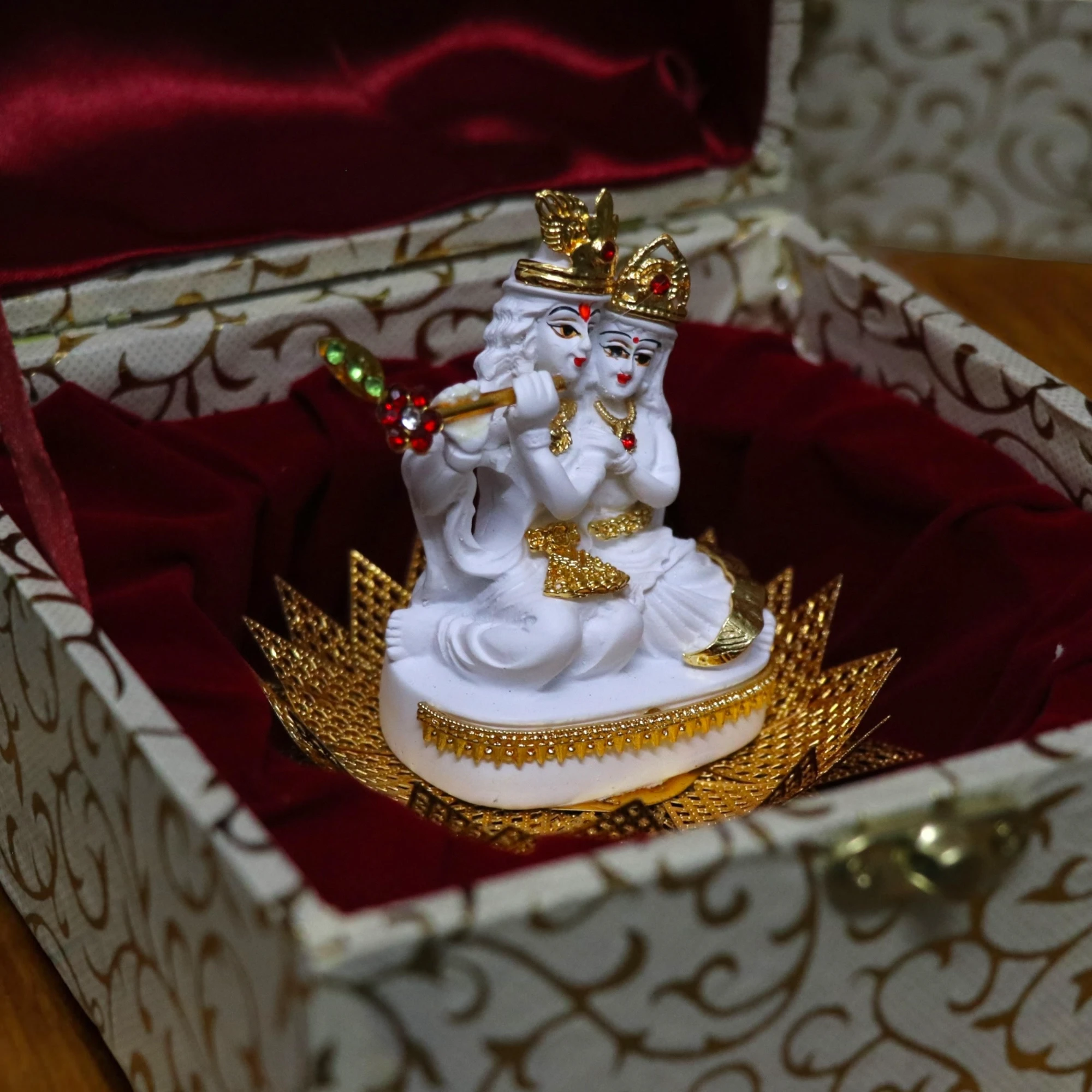 Radha Krishna with Gold Flower Pedestal | White and Gold